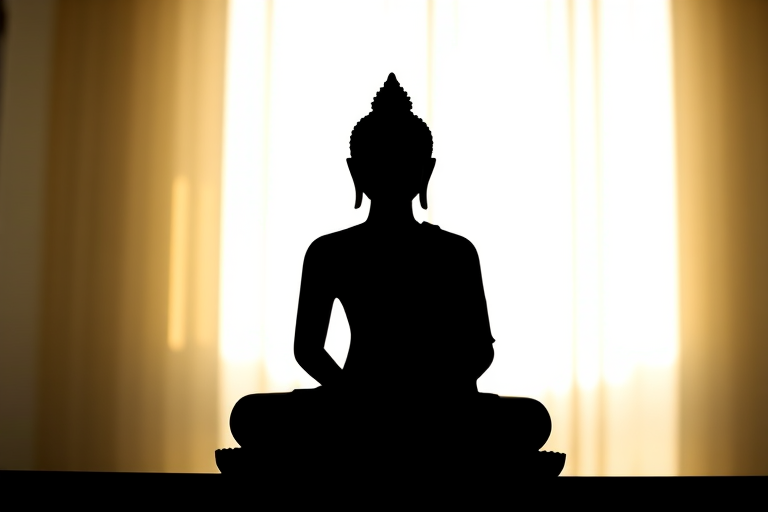 Create a serene silhouette of a sitting Buddha against a softly lit background, using a DSLR camera set to f/2.8, ISO 100, with a 50mm lens in portrait mode to capture fine details and enhance quality.