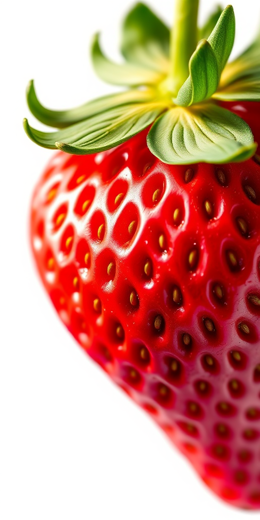 Illustration of a vibrant, ripe strawberry with intricate details, using a macro lens at f/2.8, 1/125 sec exposure, ISO 100, natural light, focused on the texture and highlights of the fruit to enhance realism.