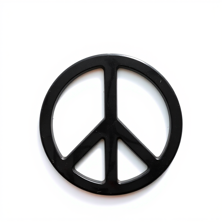 Create a high-resolution image of a peace symbol with a clean white background, using a DSLR camera with a 50mm lens, aperture set to f/1.8, ISO 100, and natural lighting for enhanced contrast and detail.