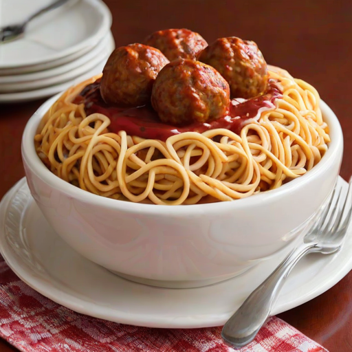 Generate an image of a creatively designed cake that resembles a bowl of spaghetti and meatballs. The cake should feature realistic spaghetti made of frosting, with meatballs on top, and forks inserted into the dish. The setting should have a playful and whimsical feel, with a tiled surface underneath the bowl.