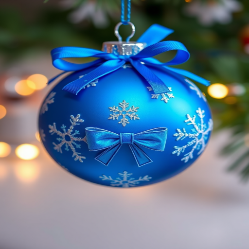 Regenerate a high-resolution image of a blue Christmas ornament with snowflake designs and a bow, using a DSLR camera with a focal length of 50mm, aperture set to f/2.8, ISO 100, shot from a slight angle to enhance depth, with soft lighting to create a vibrant, glossy finish.