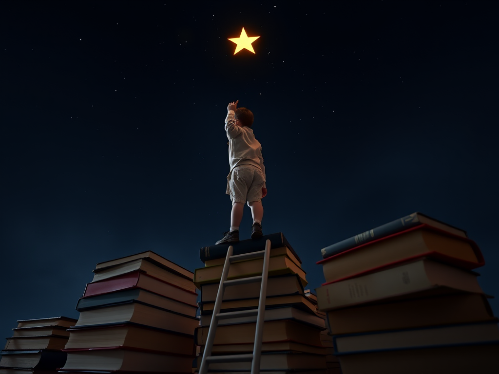 A young child reaching for a star while standing on a stack of oversized books with ladders, captured in high resolution, ISO 100, f/2.8 aperture, 30 seconds exposure time, wide-angle lens, night mode, DSLR camera.