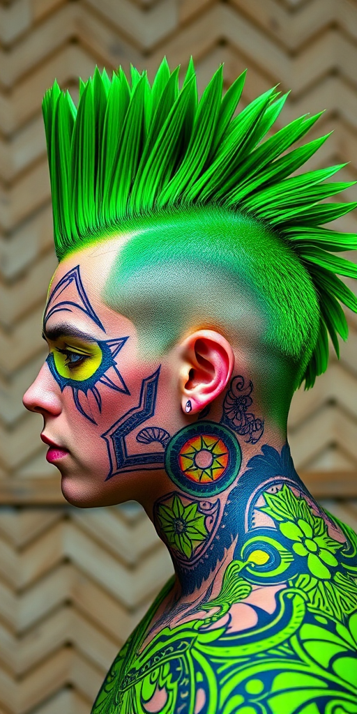 Emerald green mohawk with shaved sides adorned with intricate geometric patterns, dubbed "Neon Rebellion" style, incorporating vibrant lime green accents