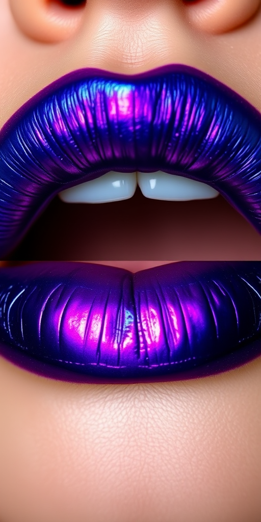 Duochrome lip color shifts from teal to purple, creating a mesmerizing effect on full, pouty lips and emphasizing their unique curves and contours