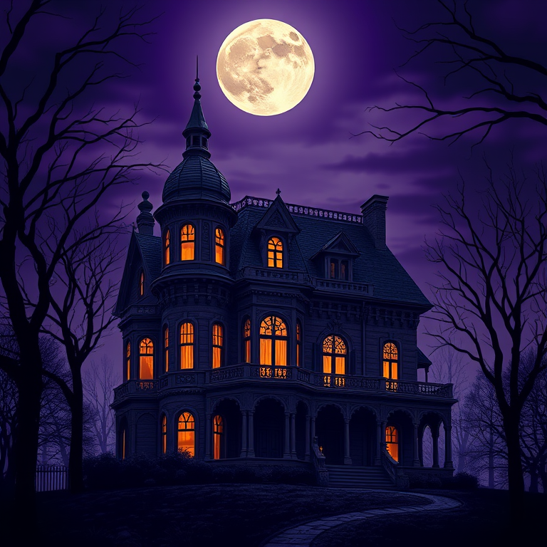 Create a highly detailed illustration of a spooky Victorian mansion under a full moon in a dark purple sky, with glowing windows and eerie trees surrounding it; use a DSLR camera with a 24mm lens, f/2.8 aperture, ISO 100, shooting at dusk for enhanced clarity and vivid colors.