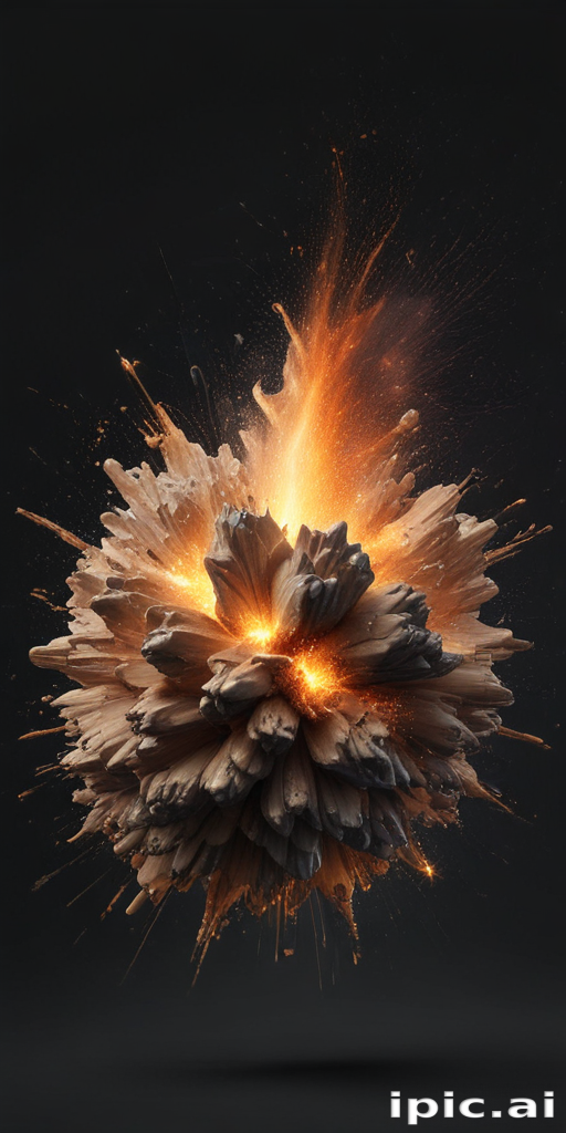 Explosive Eruption of Wood Fragments with Fiery Sparks in Dark Background