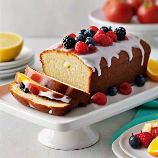 Create an image of a sliced loaf cake with a smooth icing on top. The cake should have a vibrant fruit filling in the center, visible in the slices. Arrange the slices neatly on a rectangular white plate, garnished with fresh berries and citrus slices in the background for a colorful presentation. Make sure the setting is bright and inviting, highlighting the texture and details of the cake.