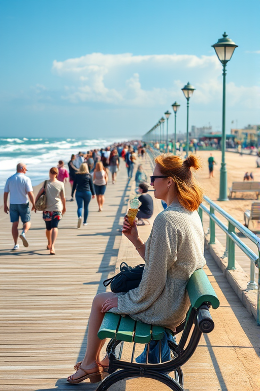 Busy boardwalk by the beach, families and tourists strolling along, a woman sits on a bench, eating ice cream and watching the waves crash against the shore.