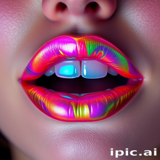 Holographic rainbow lips shifting colors as light moves across them, creating a mesmerizing, otherworldly effect that's both playful and avant-garde