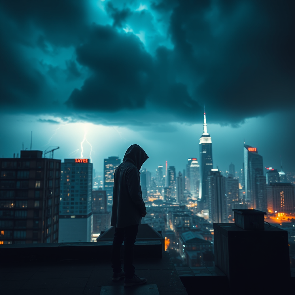 Create a dramatic urban scene featuring a hooded figure standing on a rooftop overlooking a stormy city skyline with lightning striking, captured with a DSLR camera at f/2.8, ISO 100, 1/250s, using a wide-angle lens and settings optimized for low light conditions.