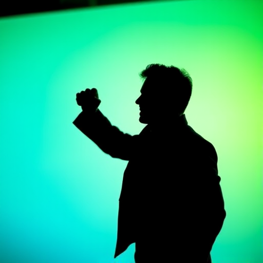 Create a silhouette of a person in a suit with raised fists celebrating, against a vibrant gradient background of green and blue, using a 50mm lens, f/1.8 aperture, ISO 100, with a shallow depth of field for a blurred background, captured in low light photography style with a DSLR camera.