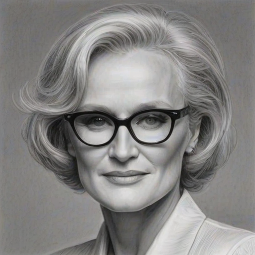 Gorgeous Glenn Close, pencil sketch, portrait of Alluring woman 1959s in glasses, hair style beatnik, outline, clear lines, fine lines, 8k