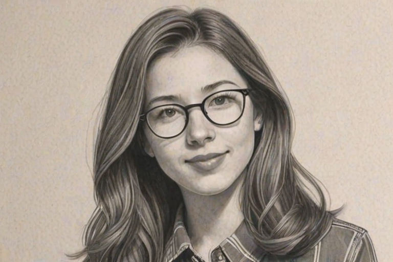 Wonderful Katelyn Nacon, pencil sketch, portrait of Gorgeous woman 1972s in glasses, hair style beatnik, outline, clear lines, fine lines, 8k