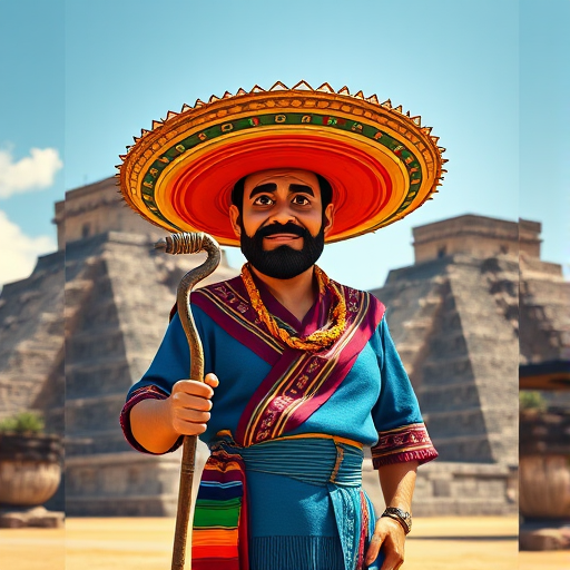Create an animated character of a Hispanic man wearing a sombrero and colorful traditional clothing, standing confidently with a walking stick in front of ancient pyramids under a bright blue sky, shot with a Canon EOS R5 at f/2.8, 50mm lens, in vibrant colors and high detail.