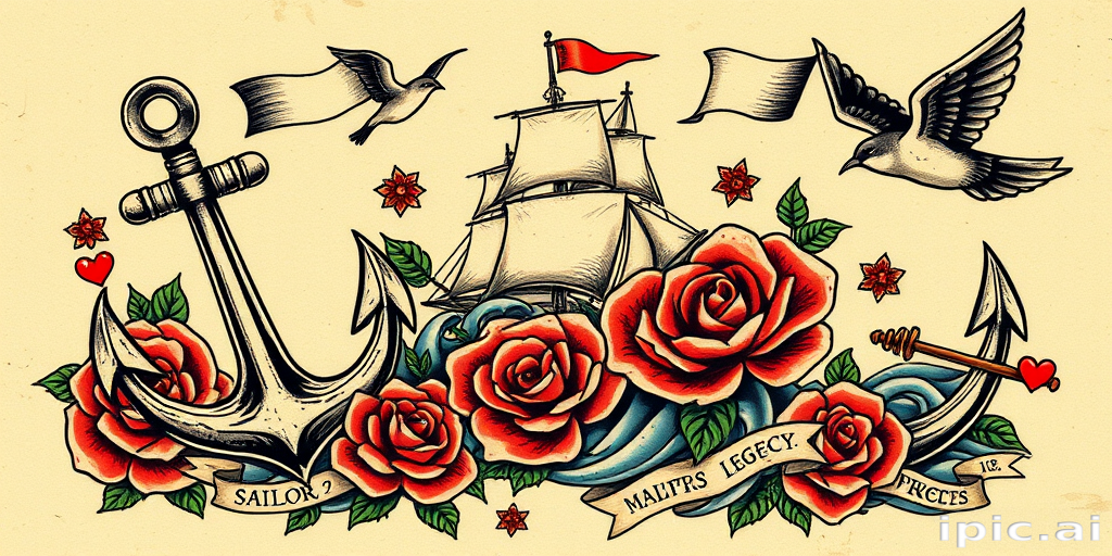 Bold traditional American tattoo named "Sailor's Legacy" featuring classic imagery of anchors ships roses and swallows rendered in thick bold outlines filled with vibrant primary colors and stark black shading incorporating traditional motifs such as banners hearts and daggers with a weathered vintage aesthetic that pays homage to the rich history of maritime tattoo culture and the artistry of early tattoo pioneers