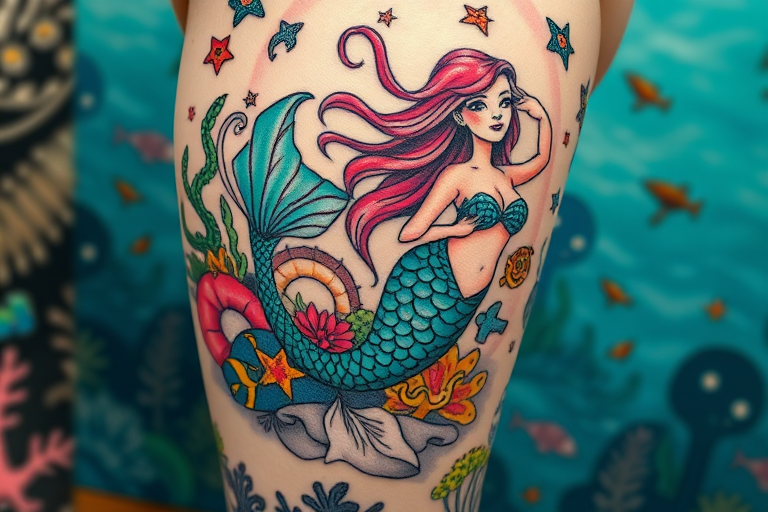 Whimsical neo-traditional mermaid tattoo with vibrant teal scales and flowing pink hair, surrounded by colorful sea creatures and coral, spanning the entire thigh in a captivating underwater scene