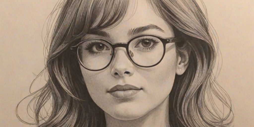 Lovely Sofia Wylie, pencil sketch, portrait of Dazzling woman 1968s in glasses, hair style beatnik, outline, clear lines, fine lines, 8k