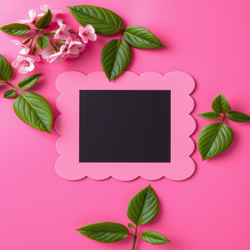 Create a vibrant pink background with a square black center, embellish the corners with scalloped edges in a lighter pink, and add small pink flowers around the top left corner, shoot with a DSLR camera at f/2.8 aperture, 50mm lens, ISO 100, in soft natural light for a high-quality image.