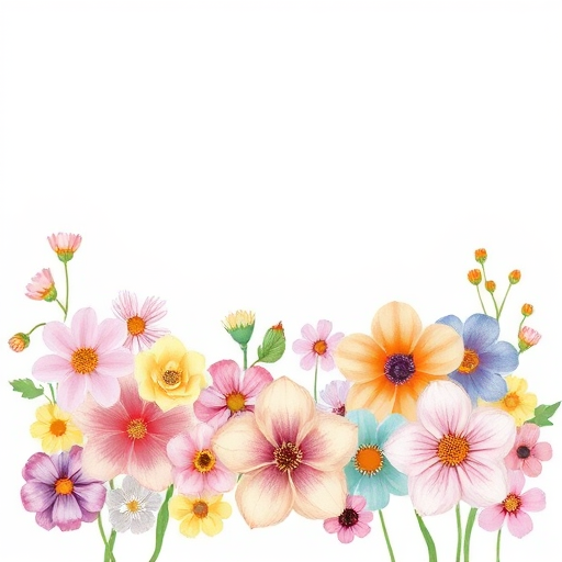 Create a vibrant digital illustration of a variety of flowers in soft pastel colors arranged at the bottom of the image, with a clean white background, using a high-resolution setting at 300 DPI, shot from a straight-on perspective with a watercolor style, using a digital drawing tablet.
