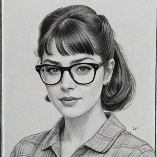 Enticing Mary Elizabeth Winstead, pencil sketch, portrait of Sublime woman 1950s in glasses, hair style beatnik, outline, clear lines, fine lines, 8k
