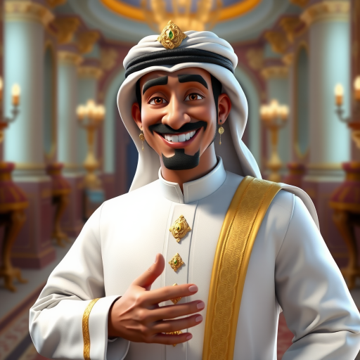 Create a 3D rendering of a wealthy Arab male sheikh from Dubai, inspired by the Disney animation style. The sheikh must have a smile and a playful but wise character. Place your character in an atmosphere of wealth and luxury. The image must be in high resolution format. Dynamic pose above the waist, gesturing with hands (Pixar Art style)++ highly detailed digital painting, art stations, concept art, soft focus, hard focus, illustrations. cinematic, visual effects, HDR, Unreal Engine 5, ray tracing, soft light, 8k, high detail, sparkling backlighting, luxury gem, game art, 3d, cartoon, colorful, magical, mysterious
