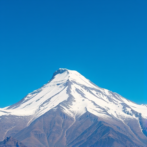 Capture a high-resolution image of a snow-capped mountain peak under a clear blue sky using a full-frame DSLR camera, 24mm lens, aperture f/8, ISO 100, with a slight tilt-up angle to emphasize the mountain's height and surrounding terrain.