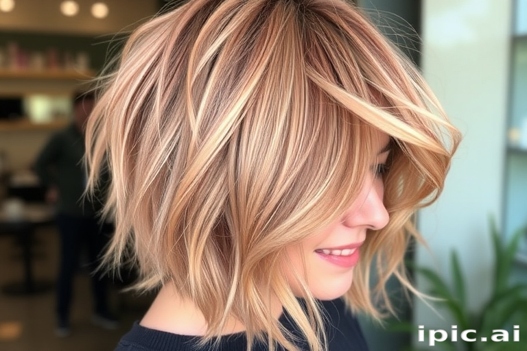 Rose gold shag haircut with curtain bangs and lots of layers, known as "Blushing Sunset," featuring a tousled, effortless look with darker roots for depth