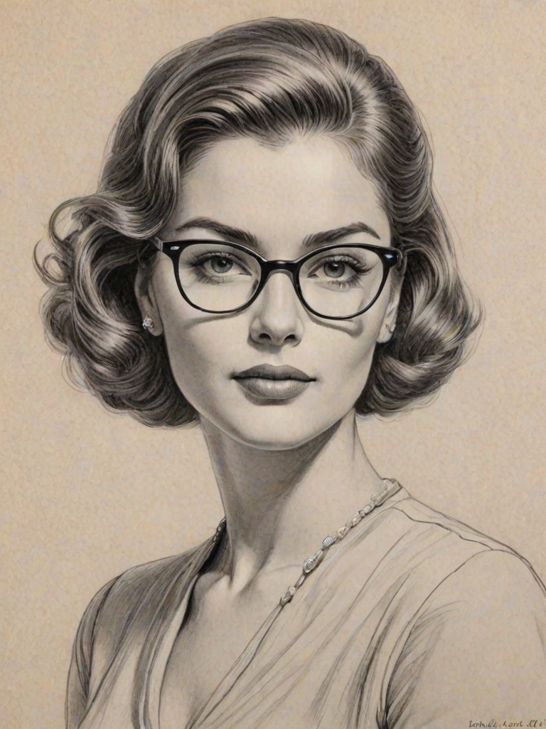 Resplendent Khalid, pencil sketch, portrait of Elegant woman 1954s in glasses, hair style beatnik, outline, clear lines, fine lines, 8k
