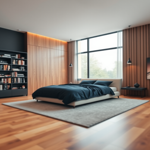 create a modern bedroom interior design with a large window letting in natural light, featuring a minimalist bed with a dark blue blanket, wooden accent wall, elegant lighting fixtures, contemporary bookshelf filled with books, cozy rug on wooden floor, shot with a DSLR camera at f/2.8, ISO 100, shutter speed 1/60, wide-angle lens, soft focus on the background for a serene ambiance
