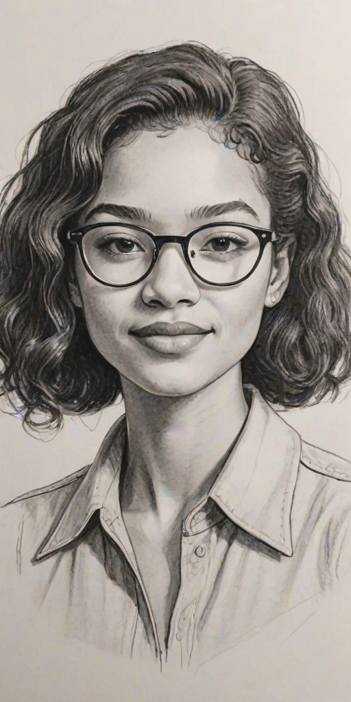 Graceful Justice Smith, pencil sketch, portrait of Radiant woman 1975s in glasses, hair style beatnik, outline, clear lines, fine lines, 8k