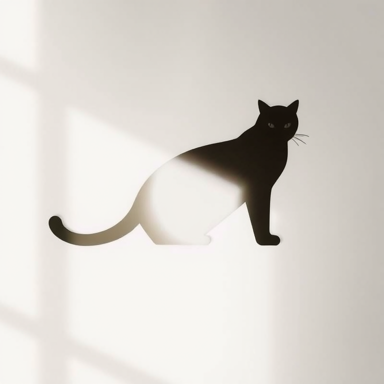 Create a high-resolution illustration of a simplistic cat silhouette on a plain background, using a Canon EOS 5D Mark IV with a 50mm f/1.8 lens, aperture set to f/2.8, ISO 100, and natural lighting for a clean and sharp image.