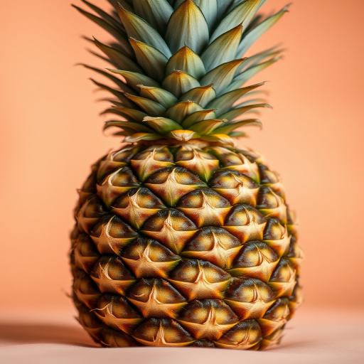 Capture a close-up of a pineapple on a soft, blurred peach background using a DSLR camera with a 50mm f/1.8 lens, aperture set to f/2.8, ISO 100, shutter speed 1/200 sec, natural lighting for enhanced detail and vibrant colors.