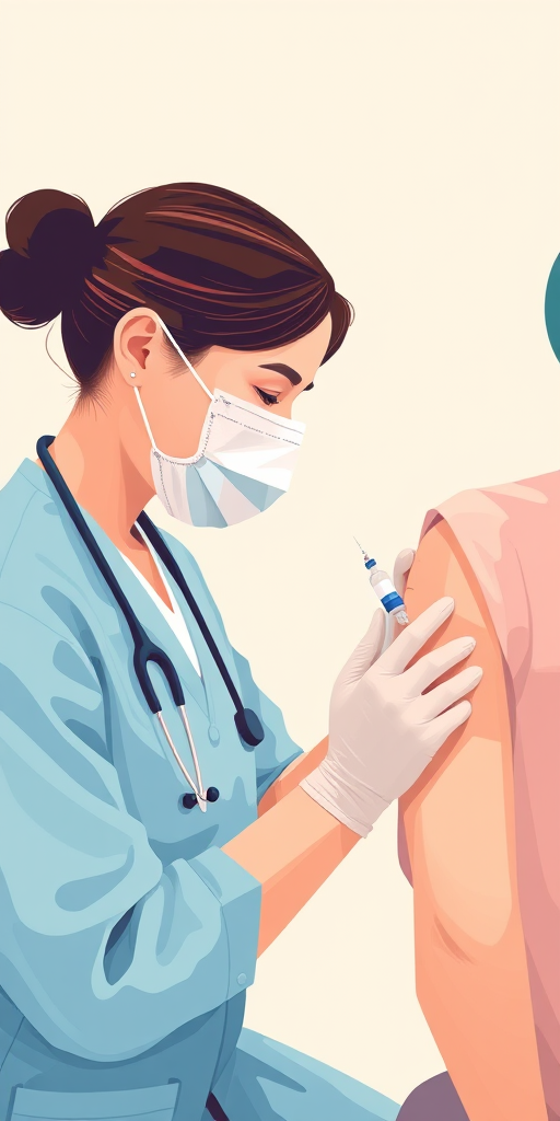 Create a digital illustration of a healthcare worker administering a vaccine to a patient in a minimalistic style, soft color palette, using a Canon EOS R5 with a 50mm lens at f/2.8, ISO 100, natural lighting, top-down angle, focus on the interaction to enhance image quality.