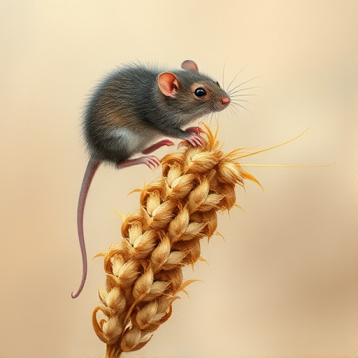 Soft, muted Alcohol Ink with ebru effect background image of tiny whimsical rat, who climbed high on the top of a golden rye ear.