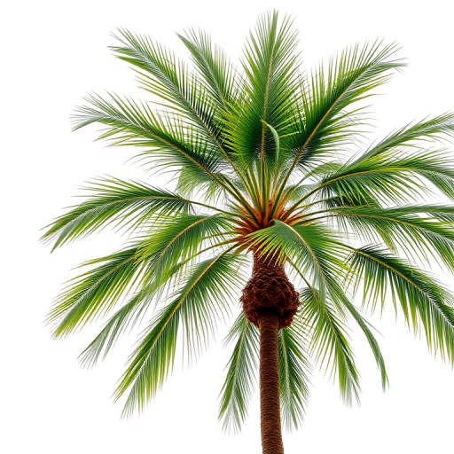 tropical palm tree isolated on a white background, 50mm lens, f/4 aperture, ISO 100, soft natural lighting, high-resolution image capture, vertical perspective, DSLR camera