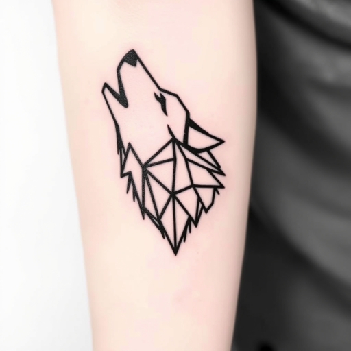 Minimalist geometric wolf tattoo with clean black lines forming angular shapes, creating a stylized representation of a howling wolf head, incorporating negative space for a modern and striking aesthetic