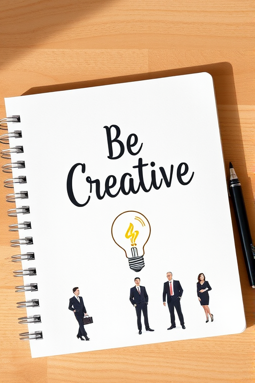 Create a high-resolution image of an illustrated notebook with the title "Be Creative" visible on the cover, featuring a light bulb graphic and silhouettes of people in suits, using a DSLR camera, aperture f/2.8, ISO 100, 50mm lens, top-down view, soft natural lighting.