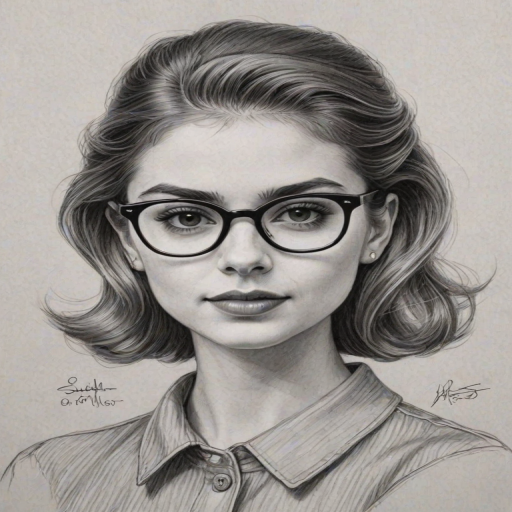 Exquisite Sami Gayle, pencil sketch, portrait of Bewitching woman 1945s in glasses, hair style beatnik, outline, clear lines, fine lines, 8k