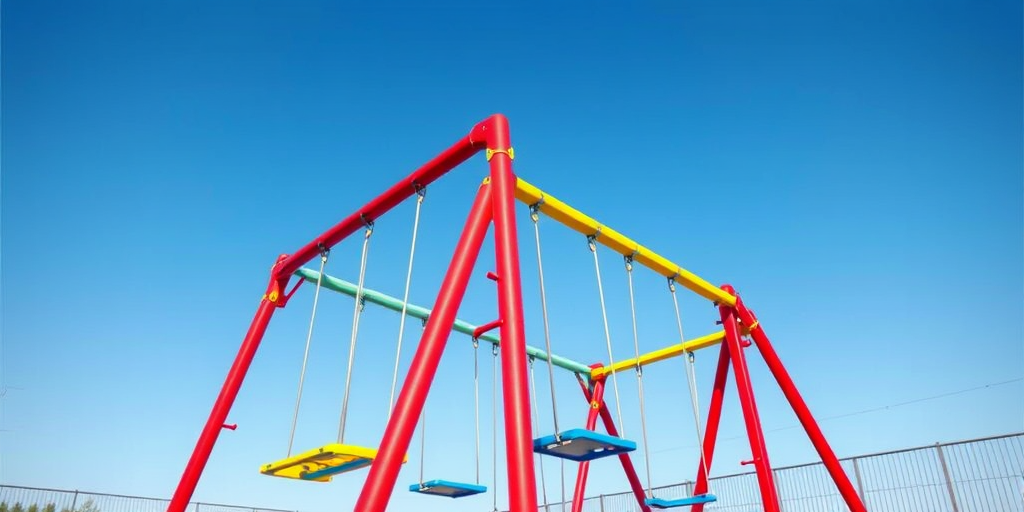 create a detailed digital illustration of a colorful playground swing set with multiple swings and ladders, using a Canon EOS R5 with a 24-70mm f/2.8 lens, aperture set to f/5.6, ISO 100, natural lighting, and a slight upward angle to emphasize the structure against a clear blue sky