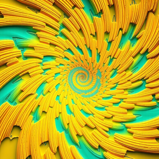 Create a vibrant fractal spiral design with a bright yellow and turquoise color scheme, using a macro lens, f-stop of f/8, ISO 100, and a wide-angle view to capture intricate details and enhance image quality.