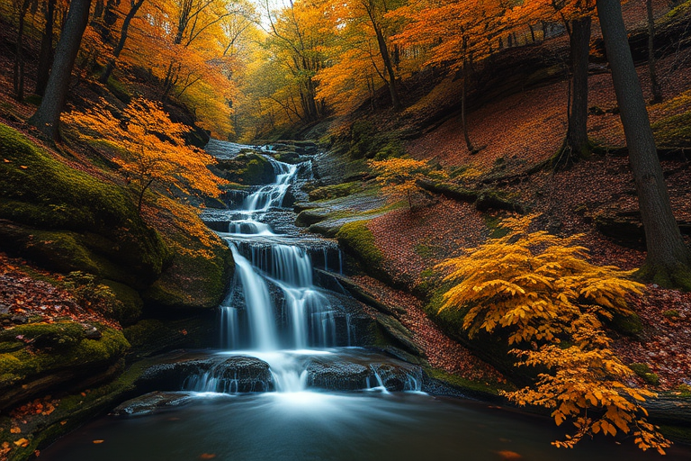 Generate a serene forest scene featuring a cascading waterfall surrounded by autumn foliage, captured with a Canon EOS R5 at f/8, ISO 100, 1/2 sec shutter speed, with a wide-angle lens from a low perspective to enhance depth and vibrant colors.