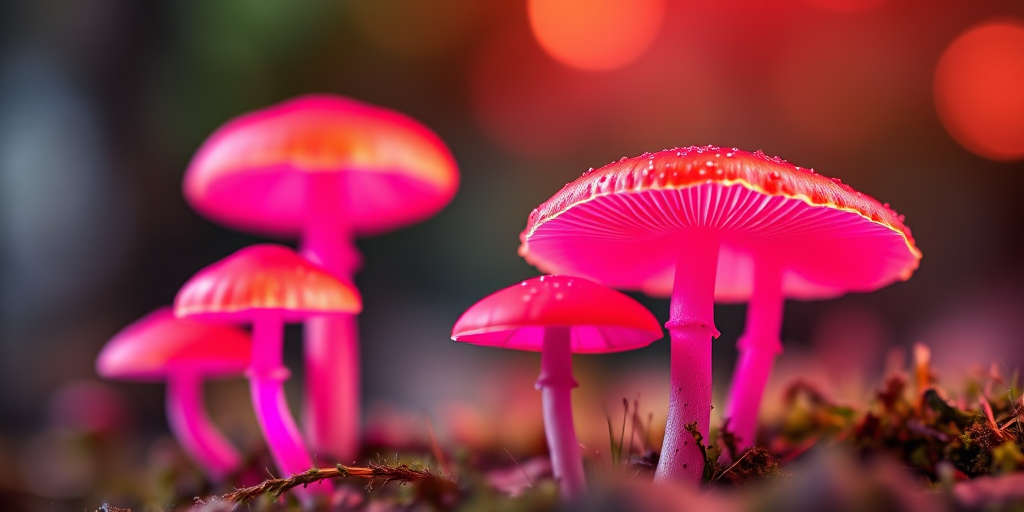 Regenerate the image of neon mushrooms with a high-resolution DSLR camera, f/2.8 aperture, ISO 100, 24mm lens, shot at a slight low angle with soft focus background, using studio lighting to enhance vibrant colors and details.
