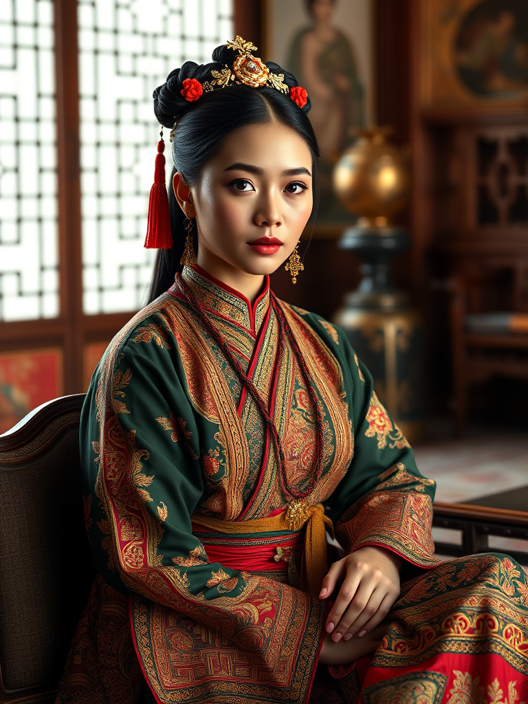 A beautiful Guarani woman in traditional East Asian attire, intricately detailed with embroidered patterns, sitting gracefully in a richly decorated room, soft ambient lighting, serene and elegant, ultra-realistic, 8K resolution