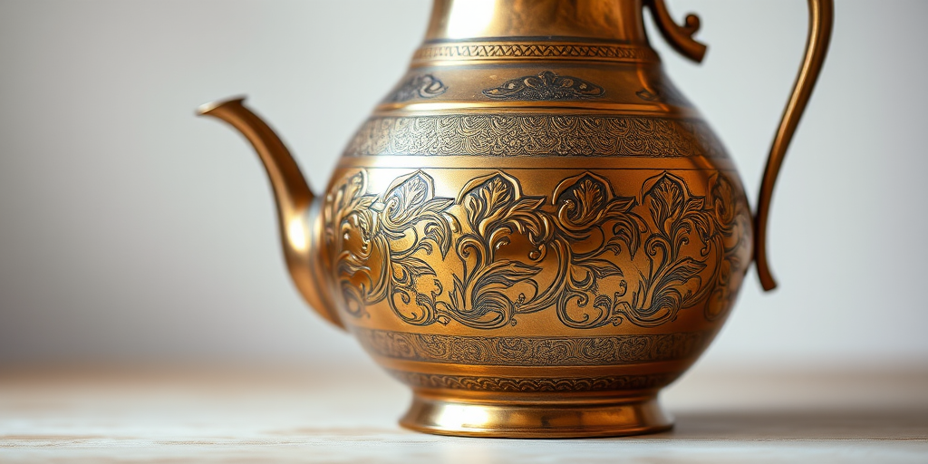 Create a high-resolution image of a beautifully detailed antique brass ewer with intricate engravings, taken with a Canon EOS 5D Mark IV, f/2.8 aperture, 1/60 second shutter speed, ISO 100, using a macro lens in a soft, diffused lighting setup to capture the texture and shine of the metal.