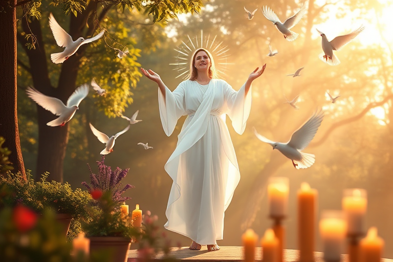 Create a digital painting of a serene scene with a divine figure radiating light, surrounded by ethereal beings, doves in flight, and a tranquil setting with plants and candles, shot with a DSLR camera at f/2.8, 50mm lens, ISO 100, soft focus background, and warm light filtering through trees for enhanced quality.