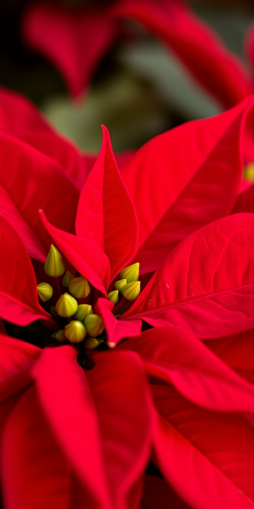close-up shot of vibrant red poinsettia petals with green buds, shallow depth of field, f/2.8 aperture, 50mm lens, ISO 100, natural light, DSLR camera