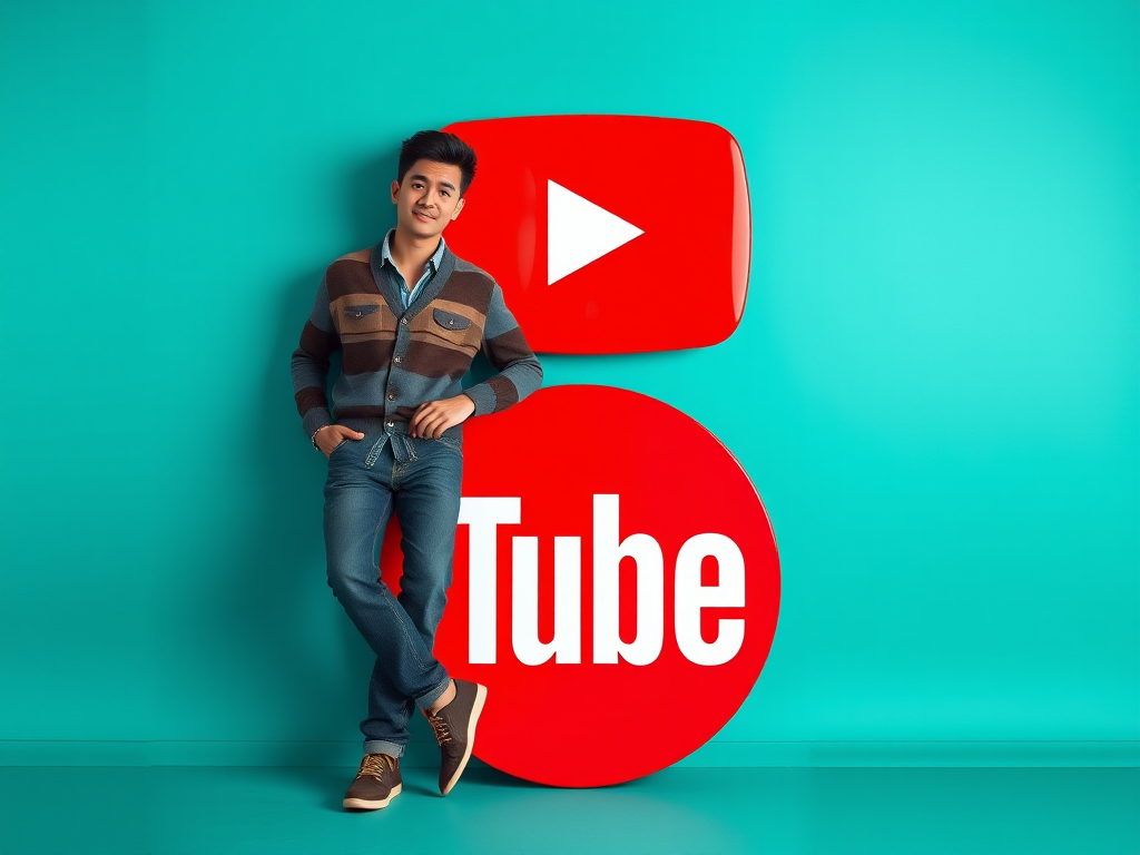 Create an image of a stylized person leaning casually against a large YouTube logo on a vibrant teal background with a shallow depth of field, using a DSLR camera at f/2.8, ISO 100, 50mm lens, and soft lighting for enhanced clarity and vibrant colors.