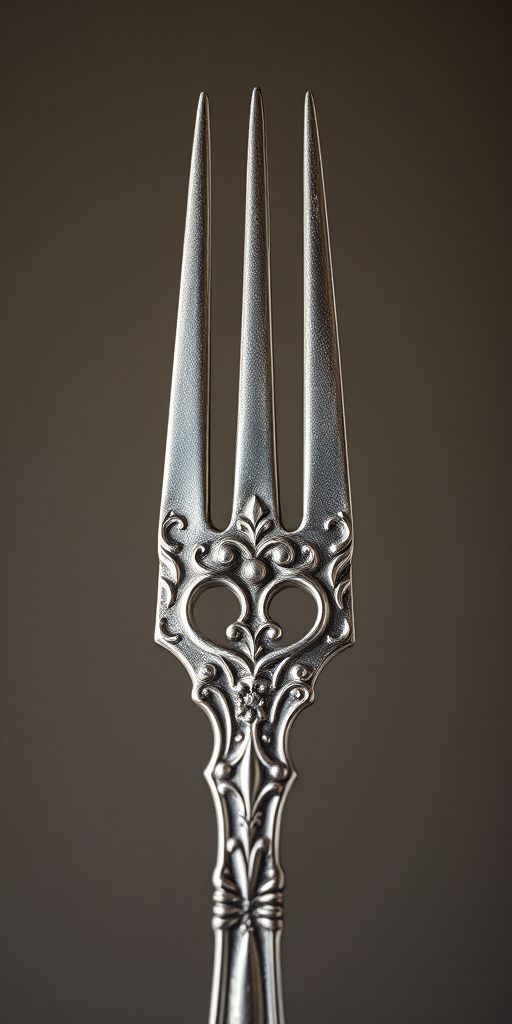 Create a highly detailed close-up image of an ornate antique silver fork against a solid background, using a DSLR camera with a 50mm lens, aperture set to f/2.8, ISO 100, shutter speed 1/100 sec, in natural lighting to enhance textures and reflections.