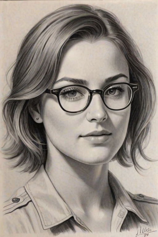 Wonderful Scout Taylor-Compton, pencil sketch, portrait of Lovely woman 1943s in glasses, hair style beatnik, outline, clear lines, fine lines, 8k