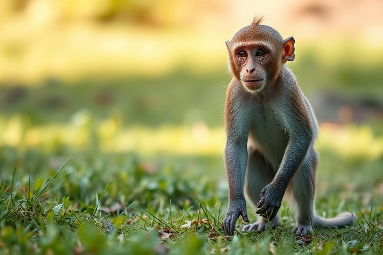 Regenerate the image of a monkey standing on grass in a natural setting with soft natural lighting, using a DSLR camera, aperture f/2.8, shutter speed 1/250, ISO 200, wide-angle view, focus on the monkey with a blurred background for depth.